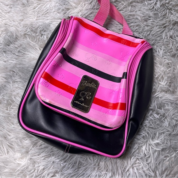 Vintage Y2K 2001 Barbie Avenue Hanging Toiletry Bag Faux Leather Pink Black - Picture 1 of 8